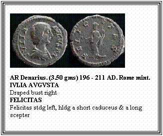 Text Box: AR Denarius. (3.50 gms) 196 - 211 AD. Rome mint.
IVLIA AVGVSTA
Draped bust right
FELICITAS
Felicitas stdg left, hldg a short caduceus & a long scepter
