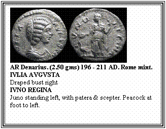 Text Box: AR Denarius. (2.50 gms) 196 - 211 AD. Rome mint.
IVLIA AVGVSTA
Draped bust right
IVNO REGINA
Juno standing left, with patera & scepter. Peacock at foot to left.



