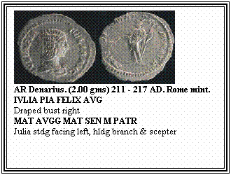 Text Box: AR Denarius. (2.00 gms) 211 - 217 AD. Rome mint.
IVLIA PIA FELIX AVG
Draped bust right
MAT AVGG MAT SEN M PATR
Julia stdg facing left, hldg branch & scepter
