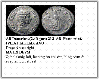 Text Box: AR Denarius. (2.40 gms) 212&nbsp; AD. Rome mint.
IVLIA PIA FELIX AVG
Draped bust right
MATRI DEVM
Cybele stdg left, leaning on column, hldg drum & scepter, lion at feet
