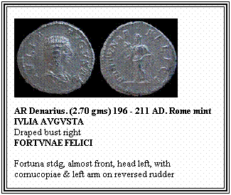 Text Box: AR Denarius. (2.70 gms) 196 - 211 AD. Rome mint
IVLIA AVGVSTA
Draped bust right
FORTVNAE FELICI
Fortuna stdg, almost front, head left, with cornucopiae & left arm on reversed rudder
