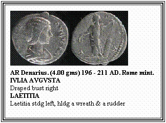 Text Box: AR Denarius. (4.00 gms) 196 - 211 AD. Rome mint.
IVLIA AVGVSTA
Draped bust right
LAETITIA
Laetitia stdg left, hldg a wreath & a rudder
