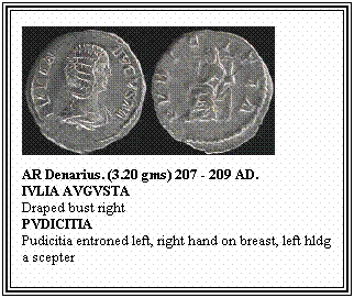 Text Box: AR Denarius. (3.20 gms) 207 - 209 AD. 
IVLIA AVGVSTA
Draped bust right
PVDICITIA
Pudicitia entroned left, right hand on breast, left hldg a scepter
