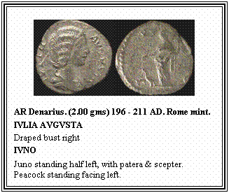 Text Box: AR Denarius. (2.00 gms) 196 - 211 AD. Rome mint.
IVLIA AVGVSTA
Draped bust right
IVNO
Juno standing half left, with patera & scepter. Peacock standing facing left.
