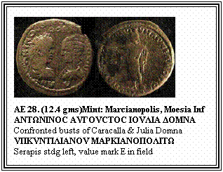 Text Box: AE 28. (12.4 gms)Mint: Marcianopolis, Moesia Inf
ΑΝTΩΝΙΝΟC ΑVΓΟVCTΟC ΙΟVΛΙΑ ΔΟMΝΑ
Confronted busts of Caracalla & Julia Domna
VΠΚVΝTΙΛΙΑΝΟV MΑPΚΙΑΝΟΠΟΛΙTΩ
Serapis stdg left, value mark E in field
